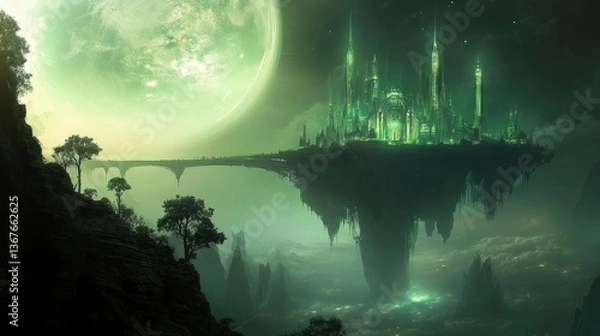 Fototapeta A green, mystical city floats beneath a large, glowing moon in a surreal scene.