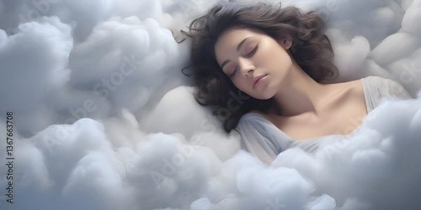 Fototapeta A woman sleeping on clouds, in white and grey colors, high-resolution photography. - bokeh background