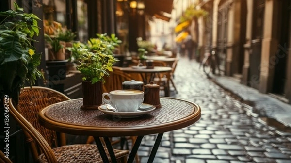 Fototapeta Cozy outdoor cafe setting in a charming cobblestone alleyway during the early morning light