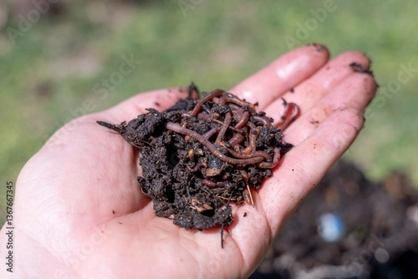 Fototapeta A farmer's hands holding worms with organic fertilizer. Healthy soil with organic matter.