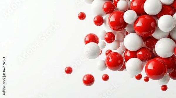 Fototapeta Abstract arrangement of red and white glossy spheres on a white background.