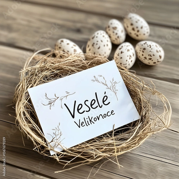 Obraz vesele velikonoce! easter greetings in czech languague on simple, rustic, environmentally friendly background