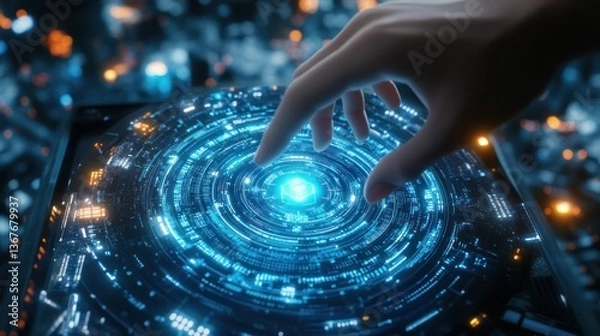 Fototapeta A finger interacts with a glowing, circular, futuristic tech interface.