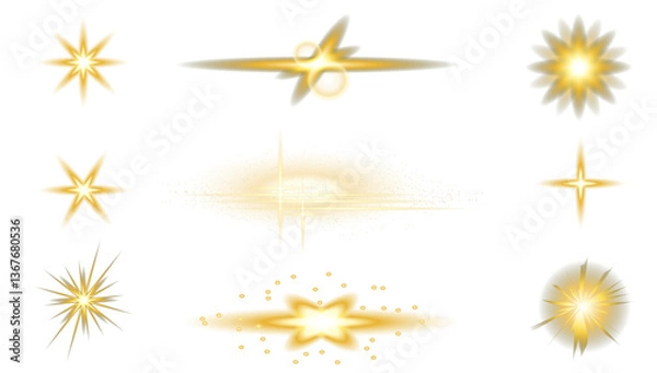 Fototapeta Golden Sparks.Light effects. Gold Flash. Glowing effects. Stars in space. Isolated glints set. Sparkle glares. Vector shimmering elements.