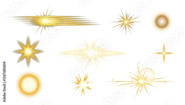 Obraz Gold Realistic flares. Glowing gold effects Glowing effects. Gold stars. Stars in space. Isolated glints set. Sparkle glares. Vector shimmering elements.