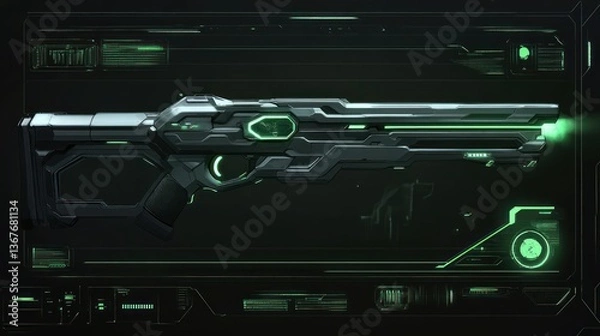 Fototapeta A futuristic, sci-fi gun with neon green accents on a data display.