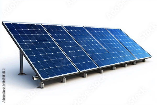 Fototapeta row of solar panels are lined up on a white background. The panels are blue and are arranged in a way that they are all facing the same direction