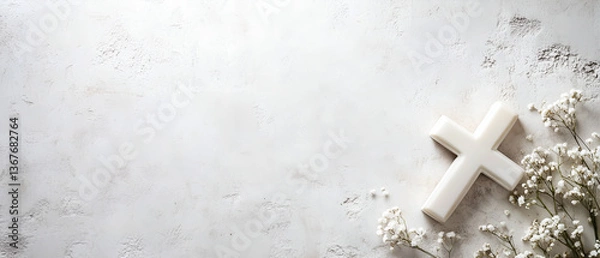 Obraz simple, minimalistic holy communion catholic ritual concept with white cross and purity symbolic white flowers isolated over bright, modern texture with copy space