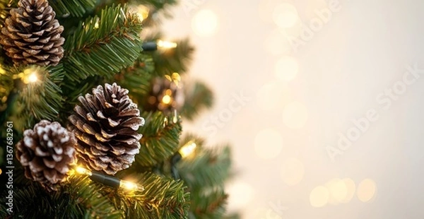Fototapeta Christmas tree with pinecones and lights,  closeup
