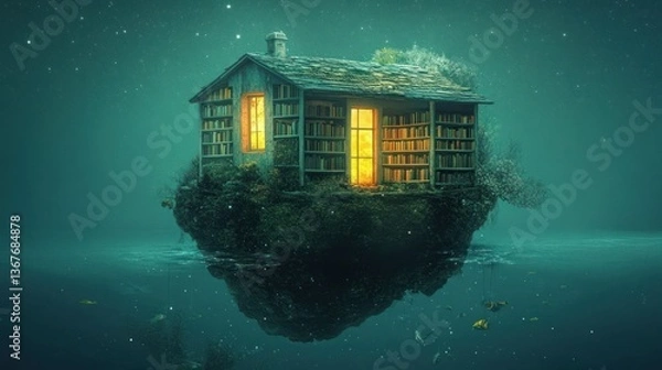 Fototapeta A cozy library house on a tiny island in a dreamy, surreal, tranquil setting.
