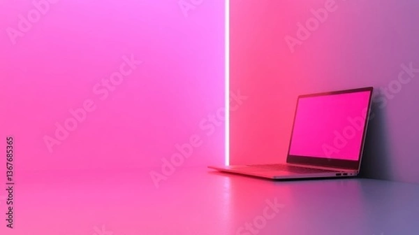 Fototapeta Laptop with pink screen, in a modern office with neon light behind it.