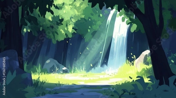 Fototapeta A beautiful illustration of a forest with a waterfall and lush greenery.