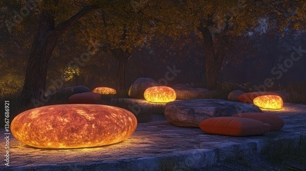 Fototapeta Glowing stone-like seating illuminates a tranquil forest at night.