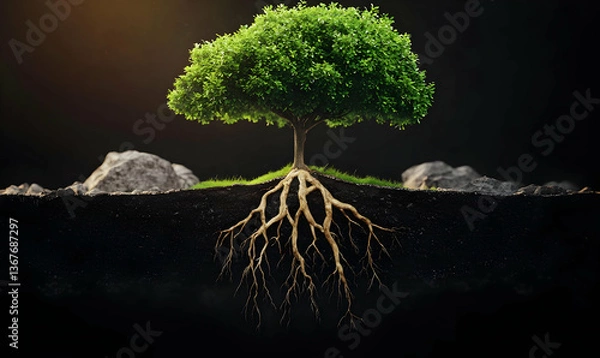 Fototapeta Lush Green Tree with Exposed Roots in Dark Soil Environment