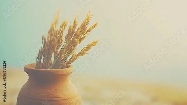 Fototapeta Yellow wheat stalks in a clay pot with background colors