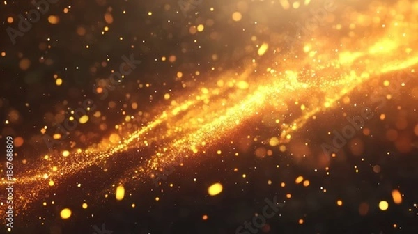 Fototapeta Elegant golden shimmering particles flow, abstract glittering light background