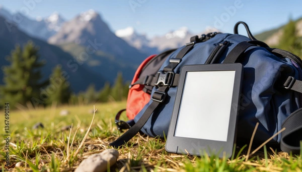 Fototapeta E-Book Reader resting on a backpack in a mountainous landscape  