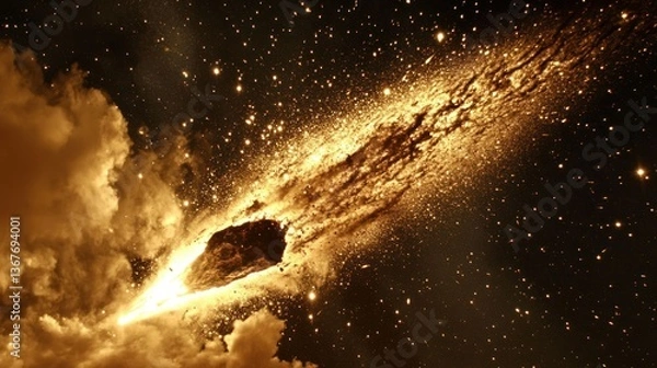 Fototapeta Golden celestial clouds and stars glow against a dark cosmic space scene.