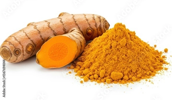 Obraz Turmeric root and powder on white background highlight culinary uses and health benefits.