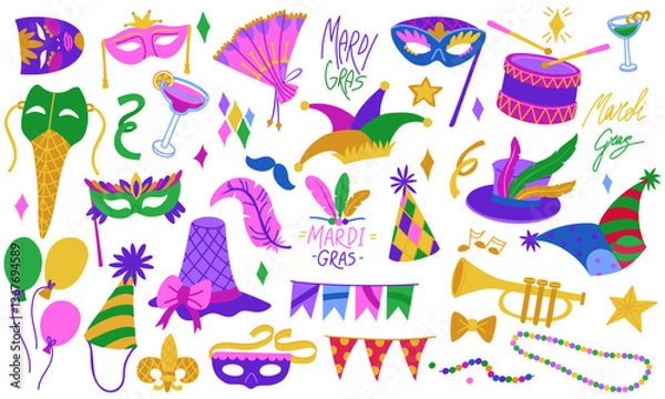 Fototapeta set for Mardi Gras, Flat color. They are suitable for decorating holidays, events, promotional materials and goods related to the celebration of carnival. A vibrant collection of isolated objects
