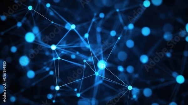 Fototapeta Abstract network of glowing blue dots and lines in a dark, technological space.