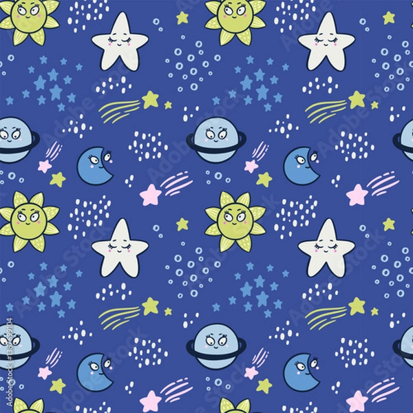 Fototapeta Hand drawn cosmos pattern. Cute planets and stars patterns. Perfect for kids fabric, textile, nursery wallpaper. Vector illustration.