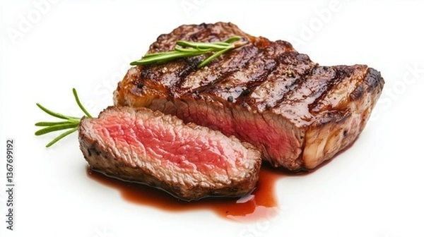 Fototapeta Perfectly Cooked Medium-Rare Steak with Juices on White Background
