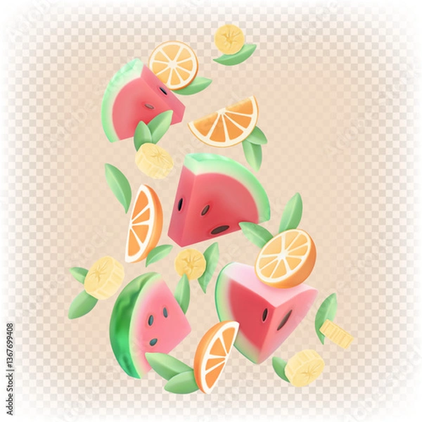 Obraz 3D composition of watermelon, orange, banana and mint pieces. Vector cartoon stylized illustration.