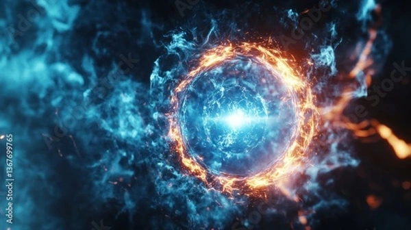 Fototapeta Glowing sphere of energy surrounded by swirling particles and light flares.