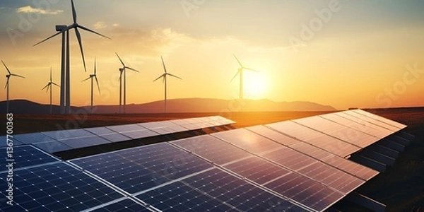 Fototapeta Aerial view of solar panels and wind turbines in an open field during sunset, symbolizing renewable energy for sustainable power generation. bokeh background