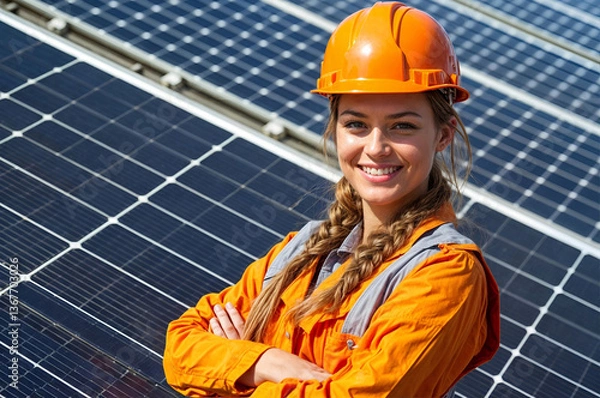 Obraz Portrait of a women construction worker in orange uniform. Solar women engineer. Solar worker. 