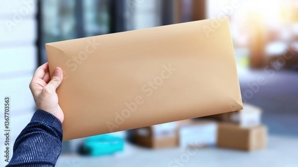 Fototapeta Hand holding a large blank brown envelope isolated against a bright background with packages in the distance