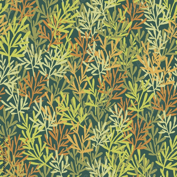 Fototapeta Hand drawn pattern with leaves. Grass field, background, texture