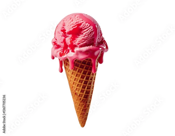 Fototapeta A melting scoop of pink ice cream in a waffle cone, dripping onto a white surface.  The vibrant color and melting texture evoke feelings of summer, indulgence, and fleeting moments.