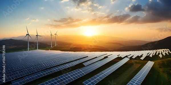 Fototapeta An aerial view of solar panels and wind turbines against the backdrop of an open field at sunset, 