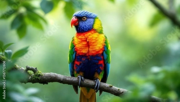Obraz Rainbow Lorikeet Perched on Branch in Lush Green Foliage