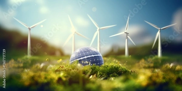 Fototapeta An illustration of the Earth with solar panels and wind turbines on it, surrounded by greenery, symbolizing renewable energy for sustainable development. bokeh background