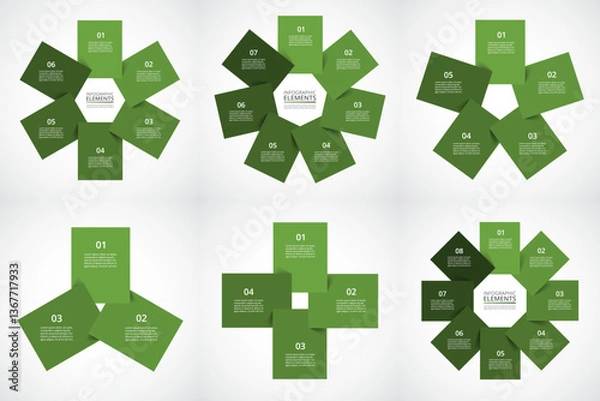 Fototapeta Set of green infographic templates with 3, 4, 5, 6, 7 and 8 steps, options, parts or processes.