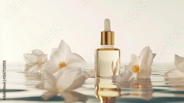 Obraz Serene Essence: A close-up of a dropper bottle filled with golden serum, gracefully encircled by delicate white flowers, atop a tranquil aquatic surface.