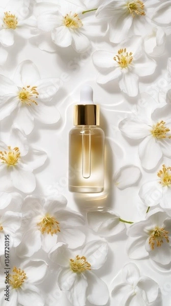 Obraz Aesthetic Skincare Essence: A luxurious bottle of skincare essence, with a golden dropper, rests amidst a delicate arrangement of fresh, pristine white flowers.