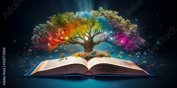 Fototapeta An open book with colorful pages that create an intricate landscape, with trees and flowers growing 