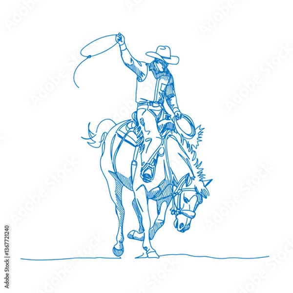 Obraz Retro hand-drawn cowboy riding a bucking bronco in a classic rodeo event, vintage Western equestrian illustration, rustic country ranch artwork, wild horse action sketch

