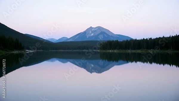 Fototapeta 黄昏時の静かな山間の湖のパノラマ
