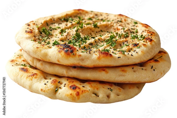Fototapeta Golden-brown Naan Breads, Layered With Creamy Hummus And Fresh Parsley, A Delicious Middle Eastern Delight Showcasing Textures And Flavors Isolated on Transparent Background
