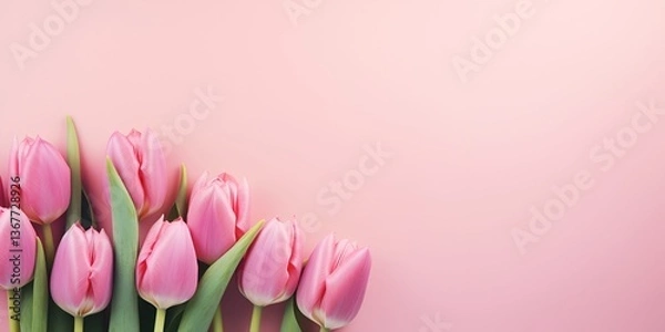 Fototapeta Beautiful pink tulips on a pastel background with copy space, top view. Greeting card for Women's 