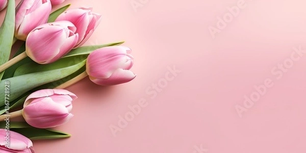 Fototapeta Beautiful pink tulips on a pastel background with copy space, top view. Floral greeting card for 