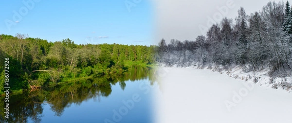 Fototapeta Forest and sky reflected in the river. Landscape.