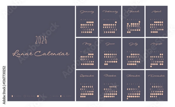 Fototapeta Lunar calendar, lunar monthly cycle planner for 2026 year template. Astrology, astronomical lunar sphere shadow, whole cycle from new to full moon calendar banner, card vector illustration