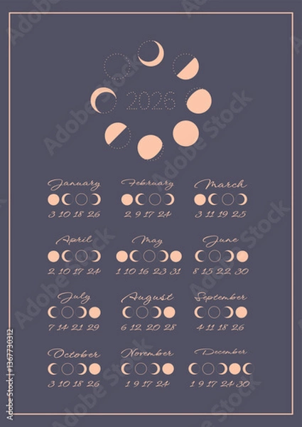 Fototapeta Lunar calendar, lunar monthly cycle planner for 2026 year template. Astrology, astronomical lunar sphere shadow, whole cycle from new to full moon calendar banner, card vector illustration