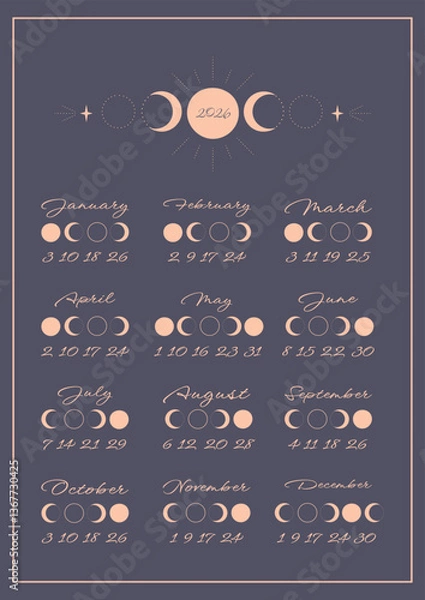 Fototapeta Lunar calendar, lunar monthly cycle planner for 2026 year template. Astrology, astronomical lunar sphere shadow, whole cycle from new to full moon calendar banner, card vector illustration